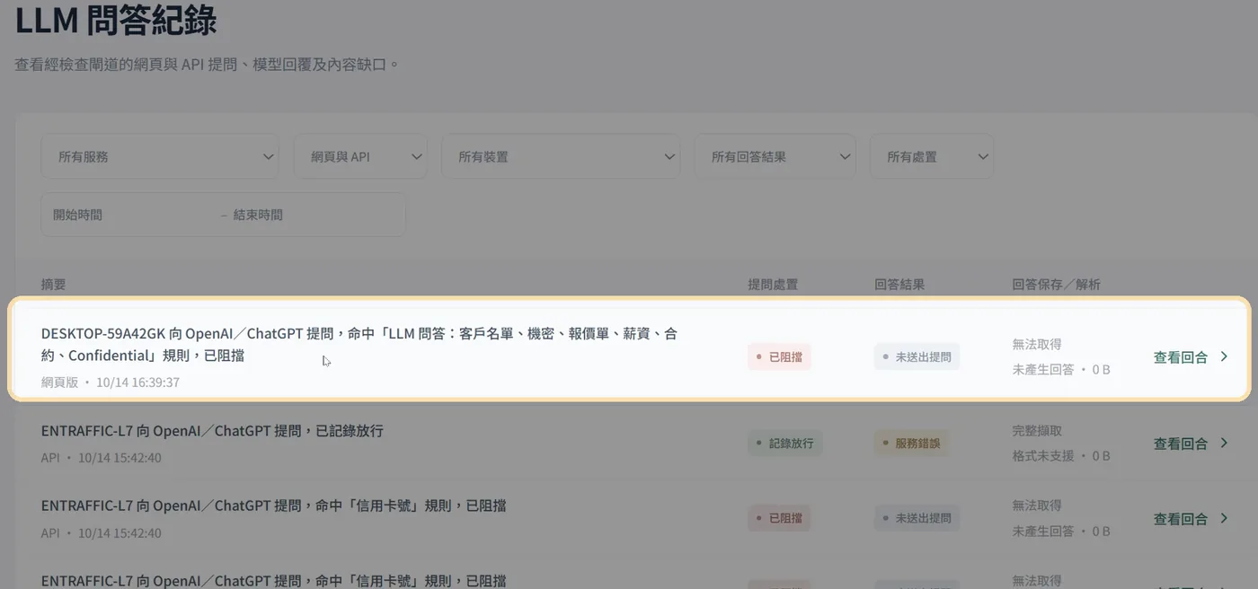 Entraffic 管理平台顯示：DESKTOP-59A42GK 向 ChatGPT 提問，命中客戶名單規則，已阻擋
